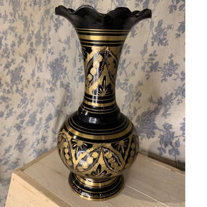 Vintage Solid Brass Black Vase with Etched Floral Designs 9.5"